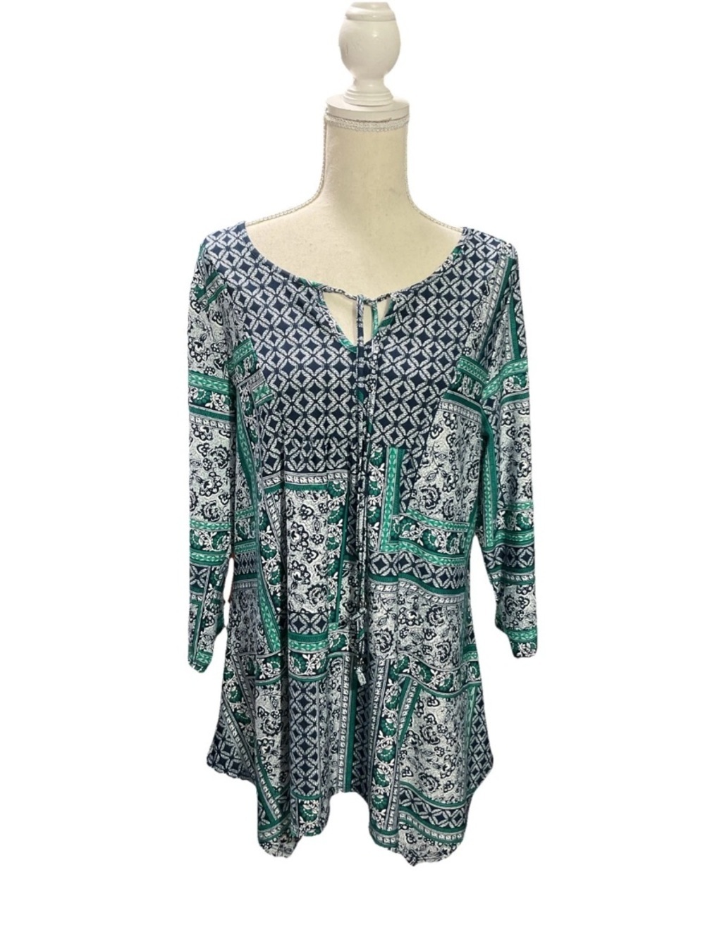 Kim Rogers Green Navy Printed Keyhole Neck Tunic Sz 1X
